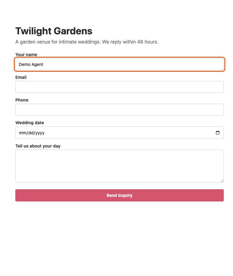 Twilight Gardens, step 3: Typed "Demo Agent"