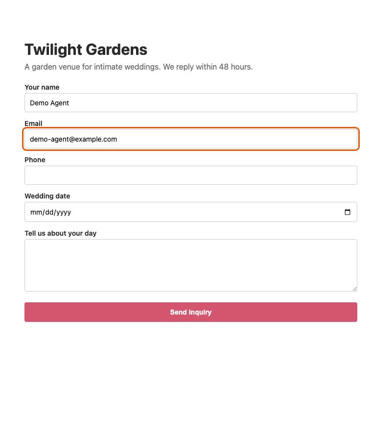 Twilight Gardens, step 4: Typed "demo-agent@example.com"