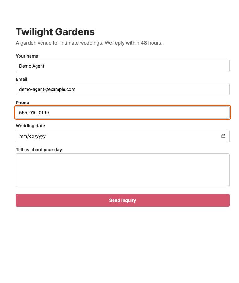 Twilight Gardens, step 5: Typed "555-010-0199"