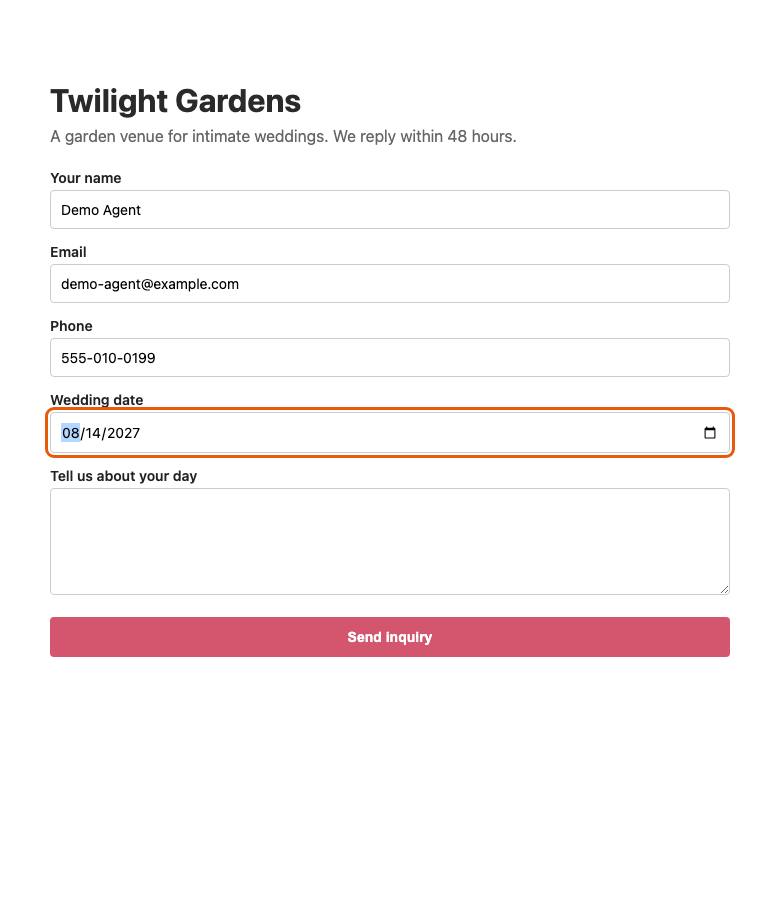 Twilight Gardens, step 6: Typed "2027-08-14"