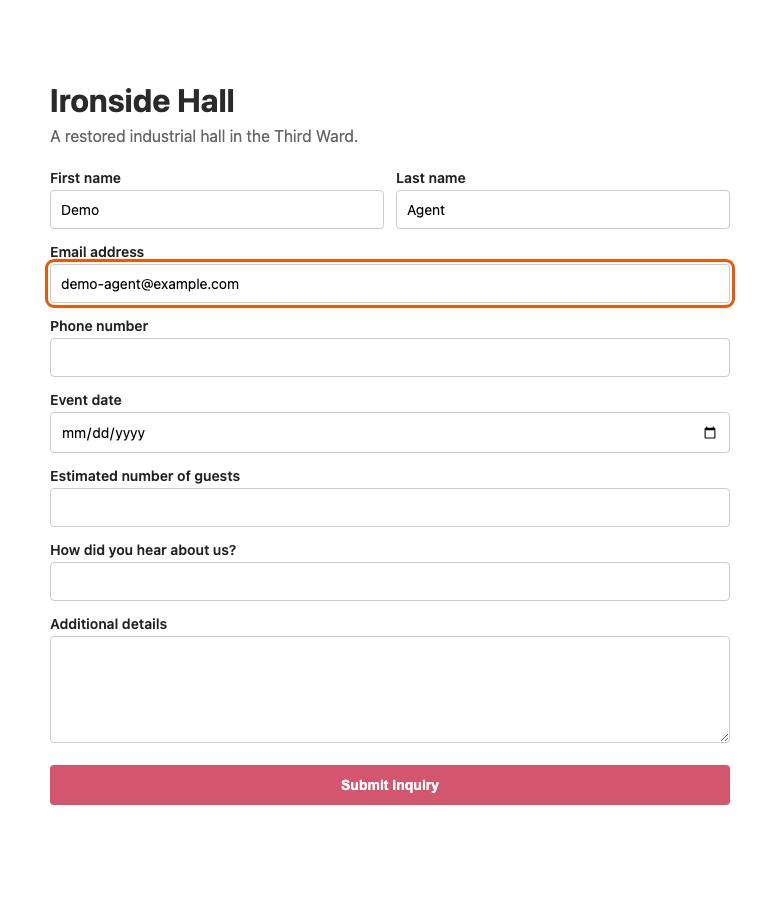 Ironside Hall, step 5: Typed "demo-agent@example.com"