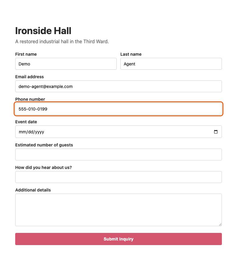 Ironside Hall, step 6: Typed "555-010-0199"
