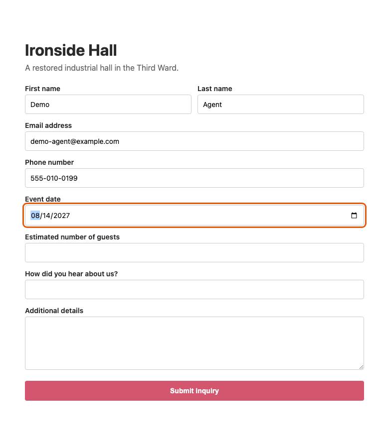 Ironside Hall, step 7: Typed "2027-08-14"