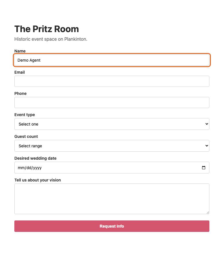 The Pritz Room, step 3: Typed "Demo Agent"
