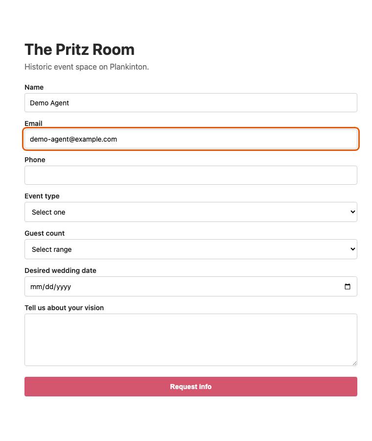 The Pritz Room, step 4: Typed "demo-agent@example.com"