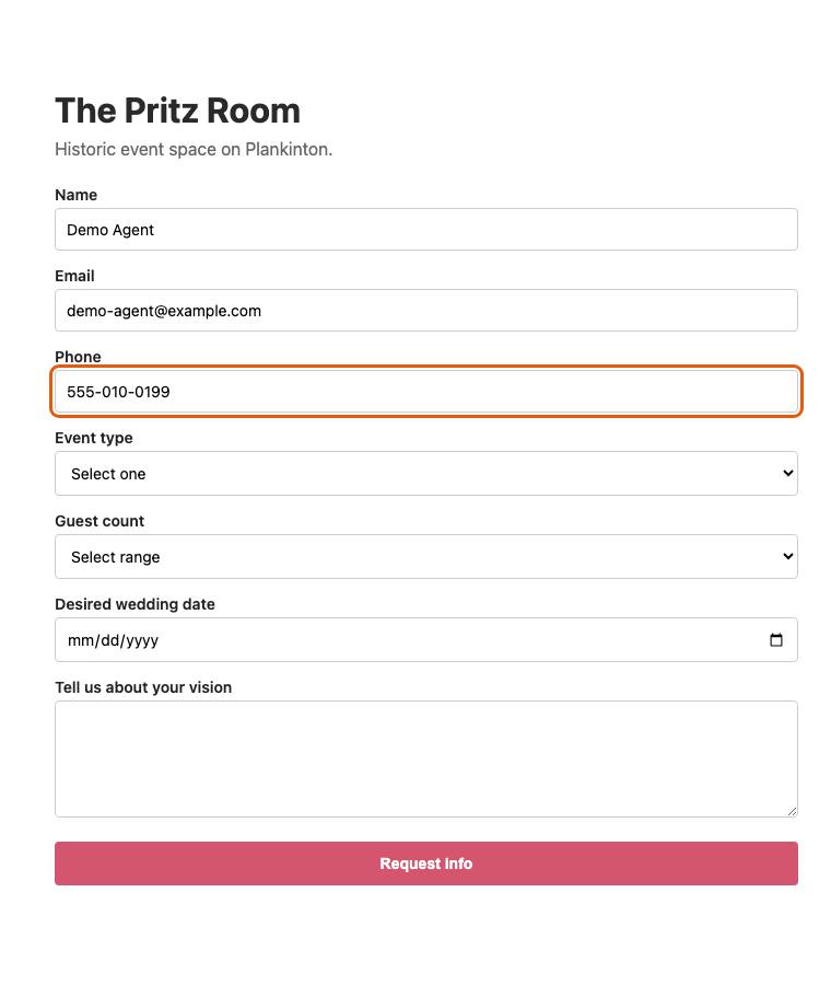The Pritz Room, step 5: Typed "555-010-0199"