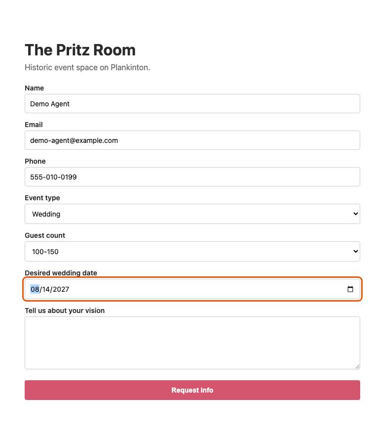 The Pritz Room, step 8: Typed "2027-08-14"
