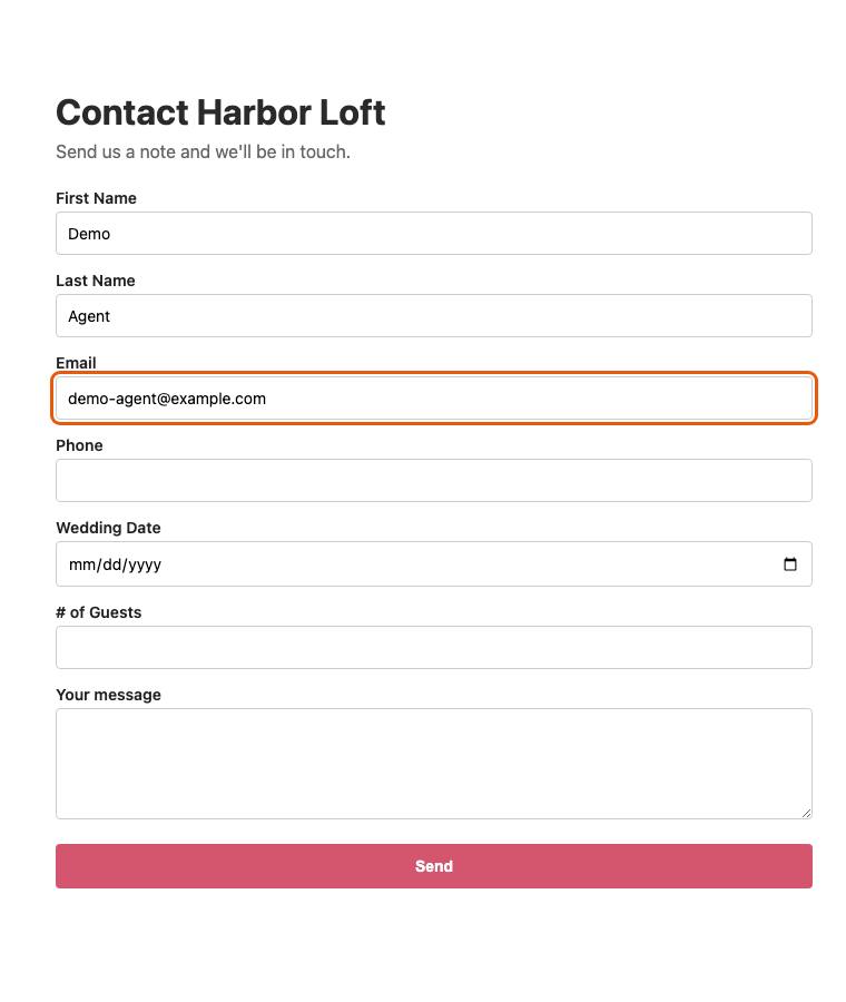 Harbor Loft, step 7: Typed "demo-agent@example.com"