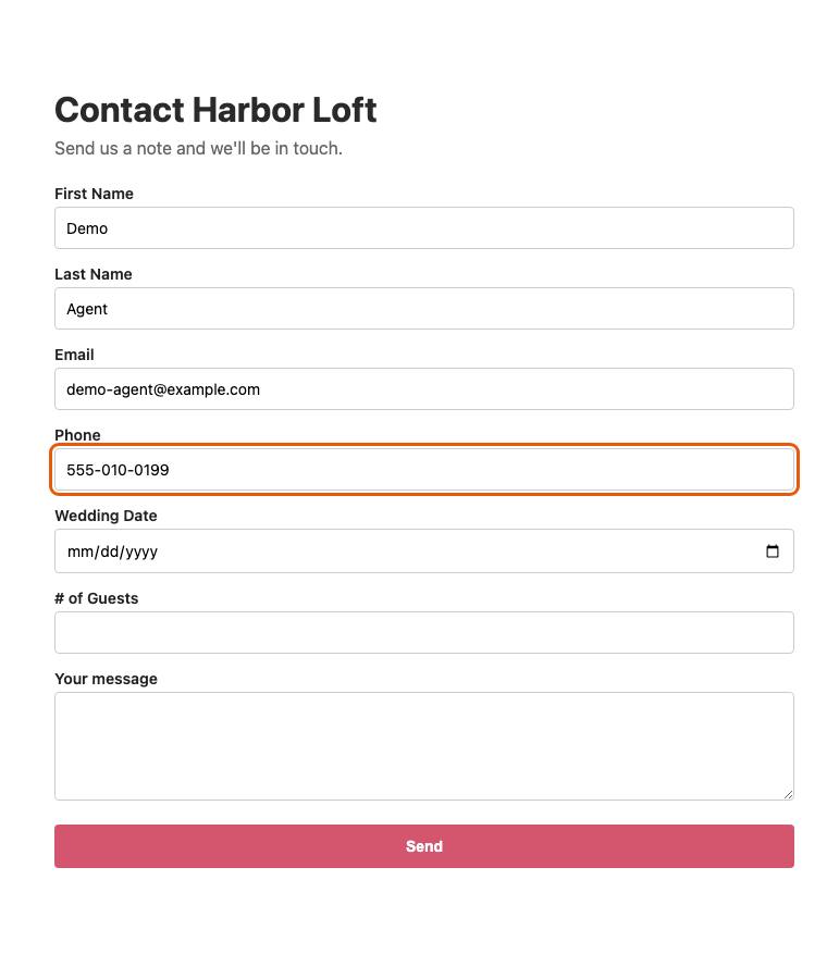 Harbor Loft, step 8: Typed "555-010-0199"