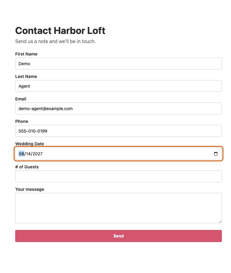 Harbor Loft, step 9: Typed "2027-08-14"