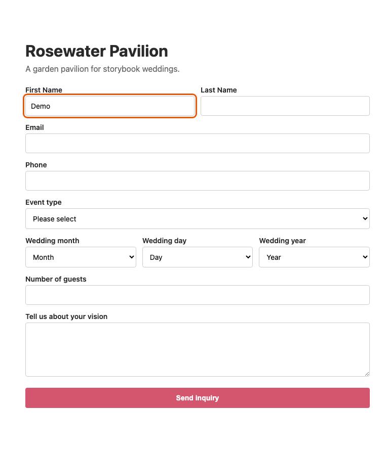 Rosewater Pavilion, step 3: Typed "Demo"