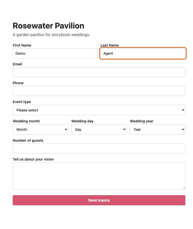 Rosewater Pavilion, step 4: Typed "Agent"
