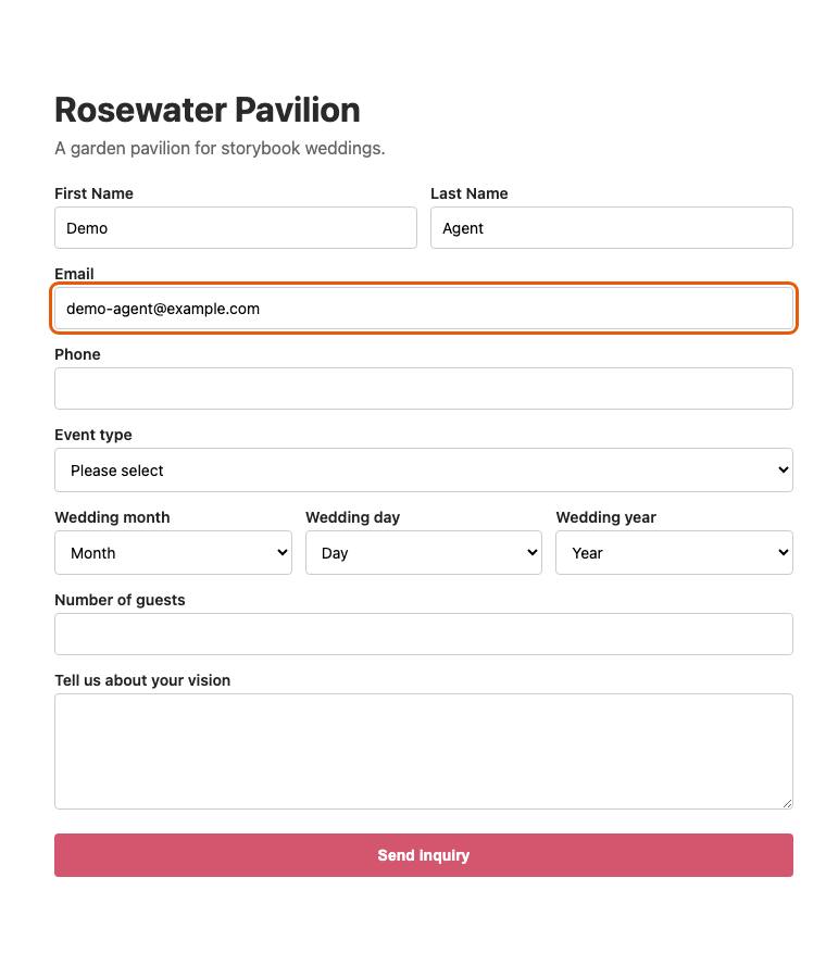 Rosewater Pavilion, step 5: Typed "demo-agent@example.com"