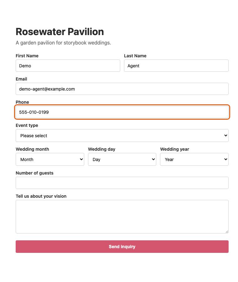 Rosewater Pavilion, step 6: Typed "555-010-0199"