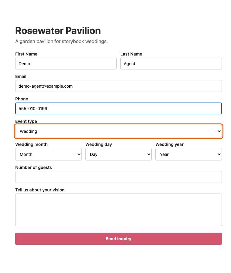Rosewater Pavilion, step 7: Picked "Wedding"